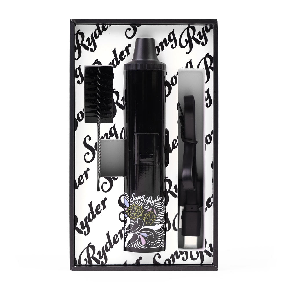 Song Ryder Saunter Dry Herb Vaporizer. Each Saunter Dry Herb Vaporizer package includes: a cleaning brush, USB-C charger, and instructions manual.