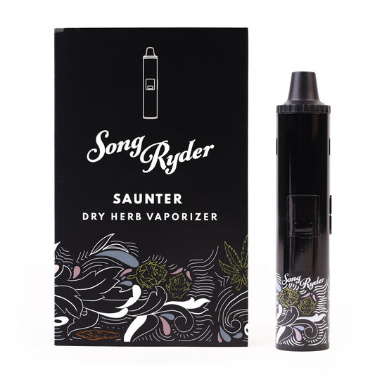 Song Ryder Saunter Dry Herb Vaporizer. Each Saunter Dry Herb Vaporizer package includes: a cleaning brush, USB-C charger, and instructions manual.