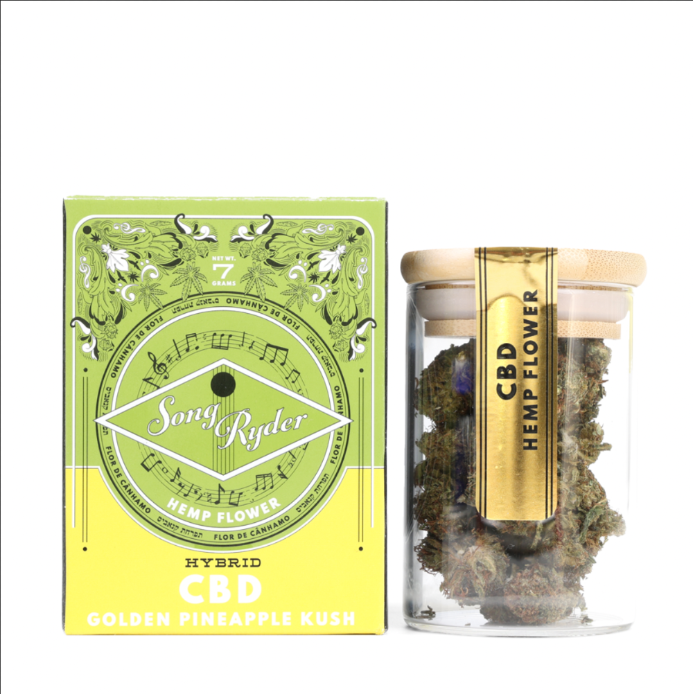 Song Ryder CBD Smokable Hemp Flower in a 7g jar size. Golden Pineapple Kush Strain. 