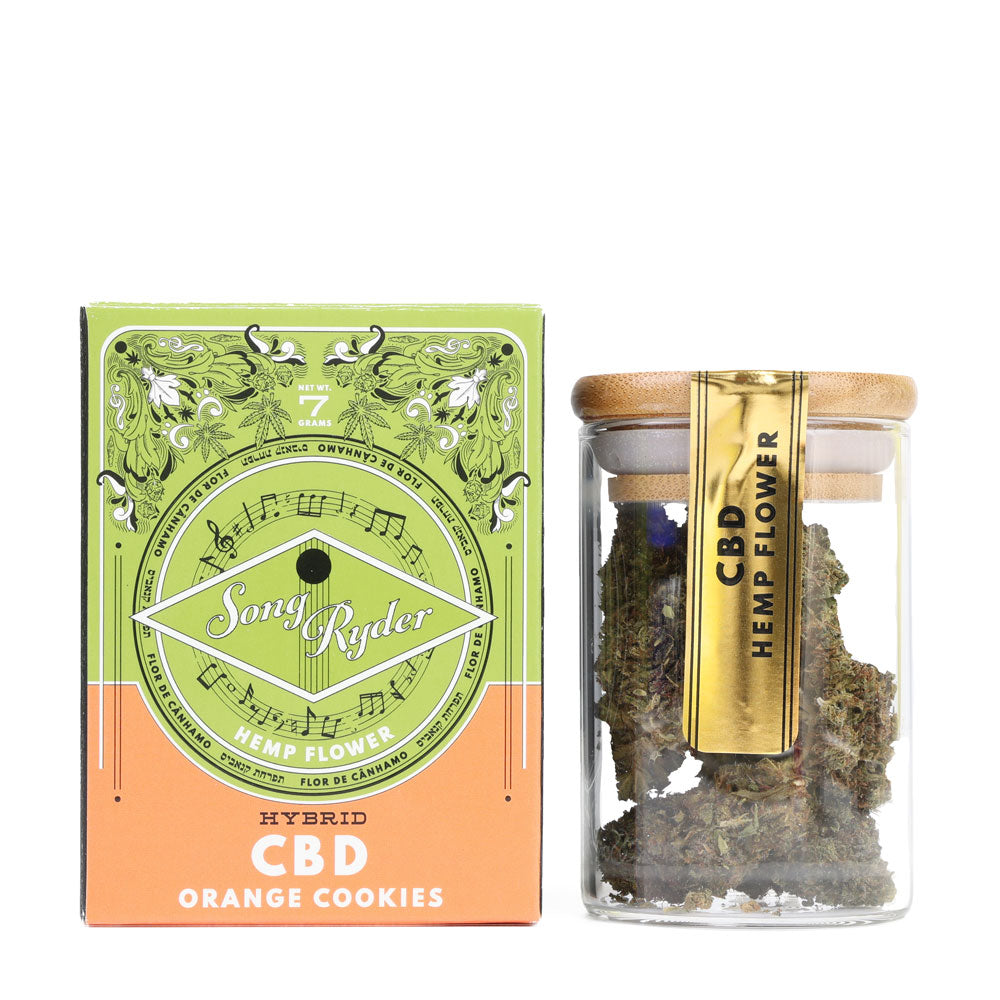 Song Ryder CBD Smokable Hemp Flower in a 7g jar size.  Orange Cookies Strain.