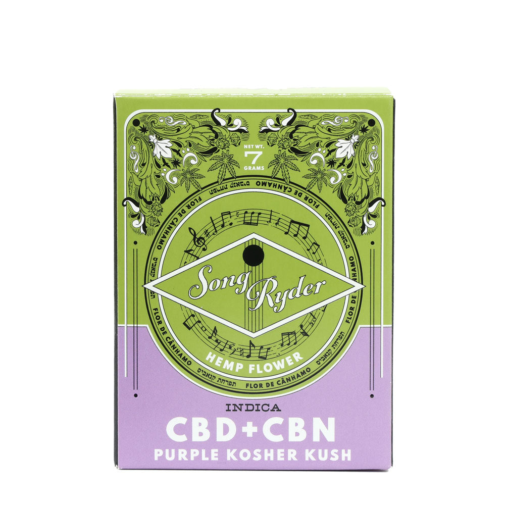Song Ryder CBD+CBN Hemp Flower in the strain Purple Kosher Kush. 